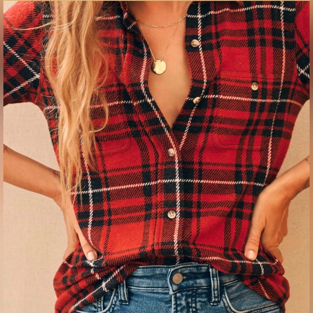 Faherty Women’s Red and Black Plaid Sweater Shirt